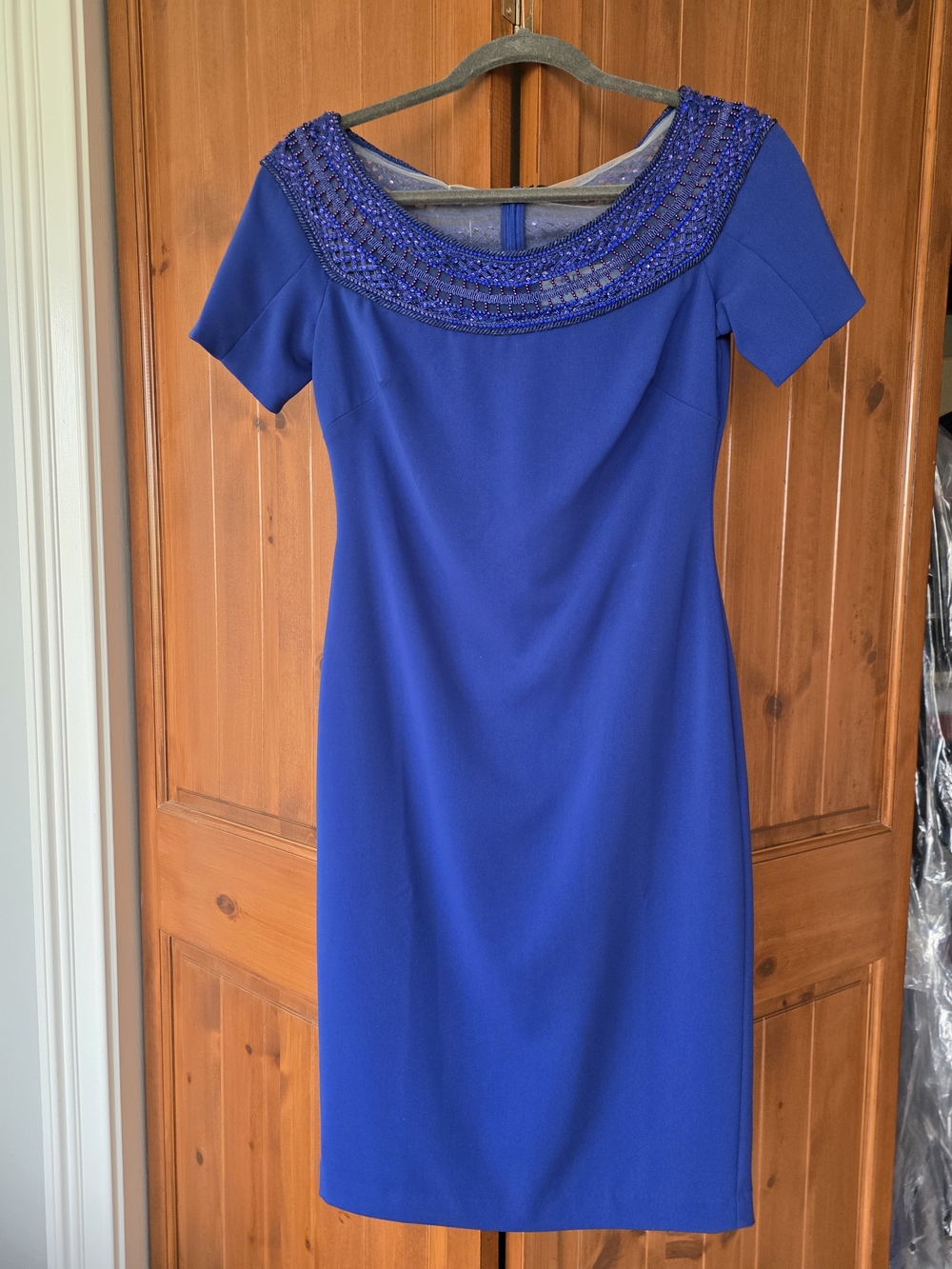Badgley Mischka Royal Blue Beaded Scoop-Neck Midi Dress